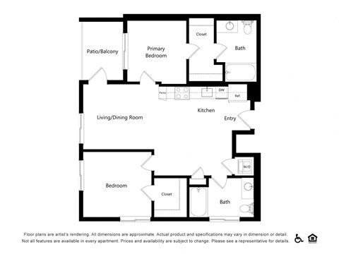 Floor plan for 2 beds, 2 baths, 926 sqft